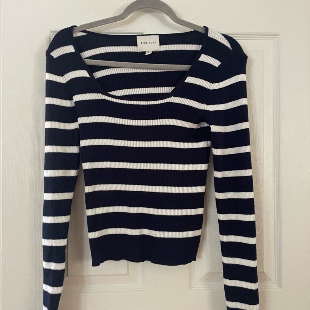 Pink Rose Navy & White Ribbed Stripe Scoop Neck Sweater - Picture 1 of 3